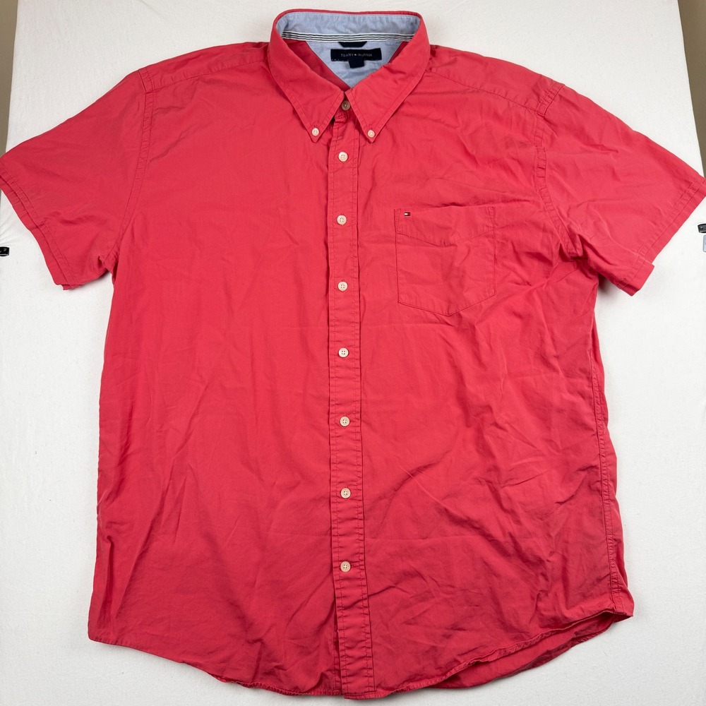 Tommy Hilfiger Mens XXL Coral Short Sleeve Button Down Cotton Shirt Classic Fit